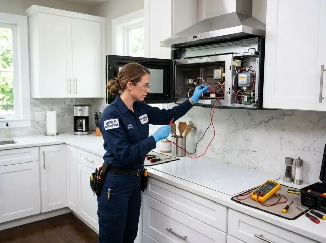 Appliance Repair Hero technician testing an over-the-range microwave in a Big Clifty, KY kitchen